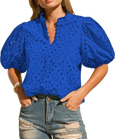 Womens Eyelet Summer Tops Lantern Short Sleeve Button V Neck Dick Dary Disdy Allown Out Out Setred Servided Lace Lace in Kuwait
