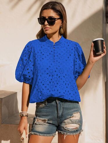 Womens Eyelet Summer Tops Lantern Short Sleeve Button V Neck Dick Dary Disdy Allown Out Out Setred Servided Lace Lace in Kuwait