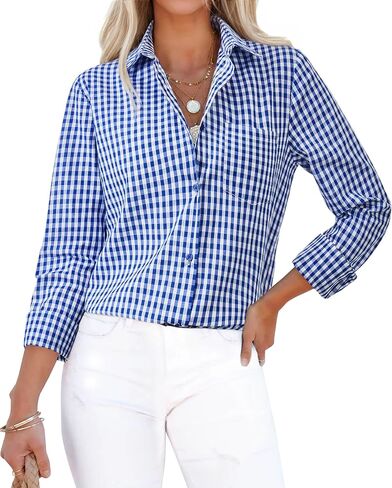 siliteelon Womens Plaid Shirts Long Sleeve Button Down Dress Shirts Lightweight Casual Work Office Collared Blouse Top in Saudi Arabia