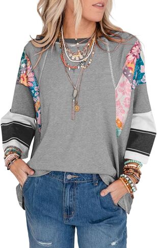 تقييم 3/4 طول الأكمام من القمم النسائية العصرية 2025 ربيع الصيف الرقبة الرقبة كبيرة الحجم مخطط قمصان بلوز in Kuwait