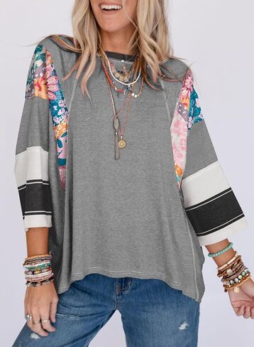 تقييم 3/4 طول الأكمام من القمم النسائية العصرية 2025 ربيع الصيف الرقبة الرقبة كبيرة الحجم مخطط قمصان بلوز in Kuwait