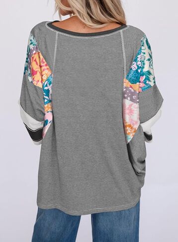 تقييم 3/4 طول الأكمام من القمم النسائية العصرية 2025 ربيع الصيف الرقبة الرقبة كبيرة الحجم مخطط قمصان بلوز in Kuwait