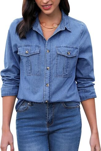 GRAPENT Denim Button Down Shirts for Women Long Sleeve Western Top Casual Cotton Relaxed Fit Jean Shirt Jacket Shacket in Kuwait