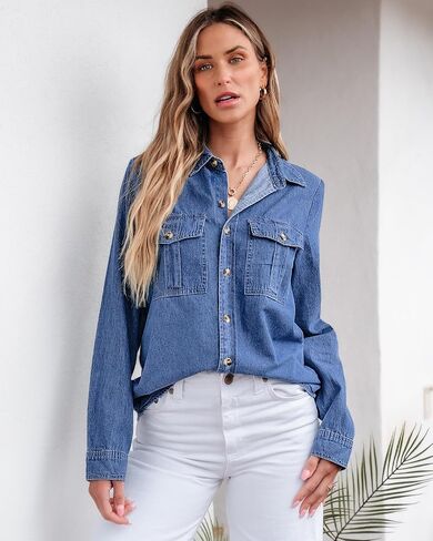 GRAPENT Denim Button Down Shirts for Women Long Sleeve Western Top Casual Cotton Relaxed Fit Jean Shirt Jacket Shacket in Kuwait