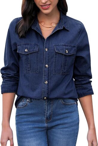 GRAPENT Denim Button Down Shirts for Women Long Sleeve Western Top Casual Cotton Relaxed Fit Jean Shirt Jacket Shacket in Kuwait