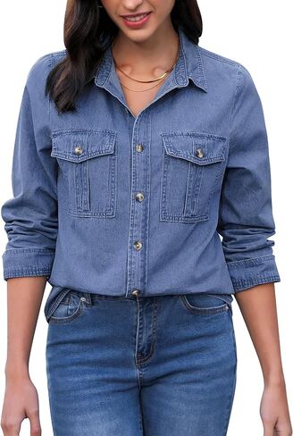 GRAPENT Denim Button Down Shirts for Women Long Sleeve Western Top Casual Cotton Relaxed Fit Jean Shirt Jacket Shacket in Kuwait