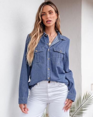 GRAPENT Denim Button Down Shirts for Women Long Sleeve Western Top Casual Cotton Relaxed Fit Jean Shirt Jacket Shacket in Kuwait