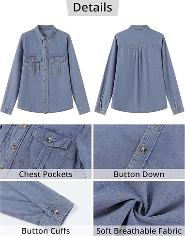 GRAPENT Denim Button Down Shirts for Women Long Sleeve Western Top Casual Cotton Relaxed Fit Jean Shirt Jacket Shacket in Kuwait