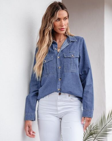 GRAPENT Denim Button Down Shirts for Women Long Sleeve Western Top Casual Cotton Relaxed Fit Jean Shirt Jacket Shacket in Kuwait