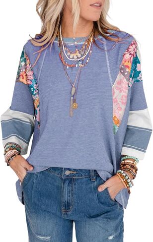 EVALESS Boho Tops for Women Trendy 2026 Fall 3/4 Length Patchwork Shirts in Kuwait