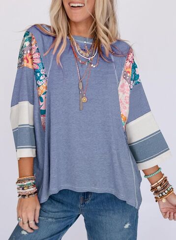 EVALESS Boho Tops for Women Trendy 2026 Fall 3/4 Length Patchwork Shirts in Kuwait
