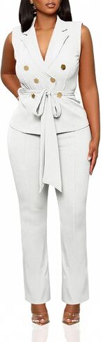 Womens 2 Piece Blazer Pants Set 2025 Trendy V Neck Sleeveless Belted Vest Straight Long Pants Business Suit Sets in Saudi Arabia