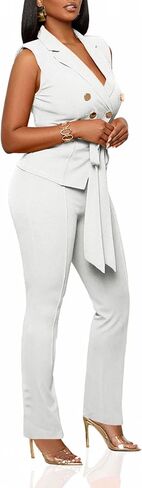Womens 2 Piece Blazer Pants Set 2025 Trendy V Neck Sleeveless Belted Vest Straight Long Pants Business Suit Sets in Saudi Arabia