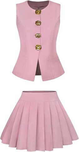 MakeMeChic Women's 2 Piece Suit Sets Metal Button Down Vest Top and Pleated Mini Skirt Set in Kuwait