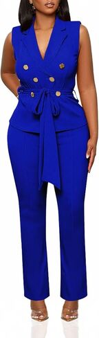 Womens 2 Piece Blazer Pants Set 2025 Trendy V Neck Sleeveless Belted Vest Straight Long Pants Business Suit Sets in Saudi Arabia