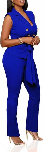Womens 2 Piece Blazer Pants Set 2025 Trendy V Neck Sleeveless Belted Vest Straight Long Pants Business Suit Sets in Saudi Arabia