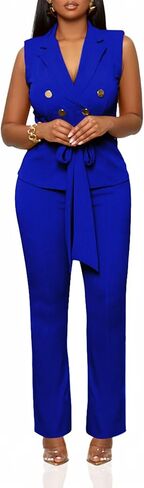 Womens 2 Piece Blazer Pants Set 2025 Trendy V Neck Sleeveless Belted Vest Straight Long Pants Business Suit Sets in Saudi Arabia