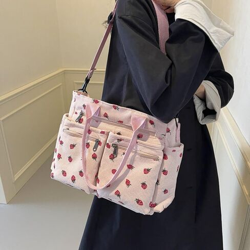 Women Strawberry Bags, Corduroy Everyday Tote Bag Kawaii Shoulder Purse Handbag Crossbody Work Bag in Saudi Arabia