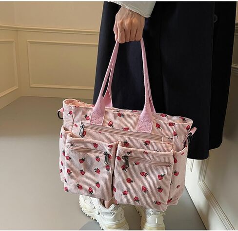 Women Strawberry Bags, Corduroy Everyday Tote Bag Kawaii Shoulder Purse Handbag Crossbody Work Bag in Saudi Arabia