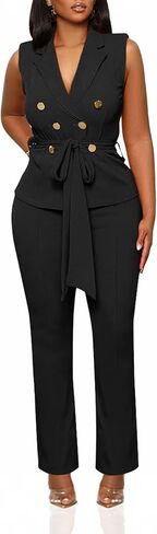 Womens 2 Piece Blazer Pants Set 2025 Trendy V Neck Sleeveless Belted Vest Straight Long Pants Business Suit Sets in Saudi Arabia