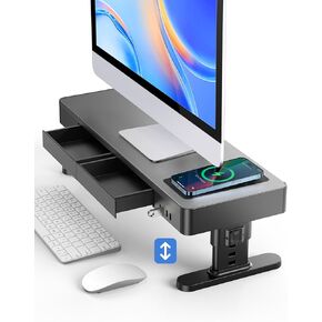 meatanty Monitor Stand Heights Adjustable, Computer Riser with Auto Phone Charger, 4 USB Ports Hub and Drawer Storage, Metal Desktop Organizer Lifter Shelf for PC Screen Studio Display Office Gaming