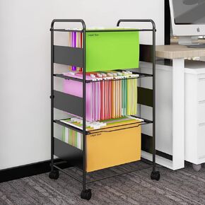 Natwind 3-Tier Metal Rolling File Cart with Wheels for Letter Legal Size Hanging Files Mobile File Folder Rack with Pull-Out Drawer File Organizer Cabinet for Home Office（Black）