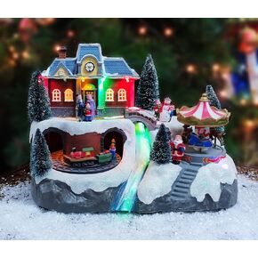 MOMENTS IN TIME 8.5" H Polyresin LED Musical Christmas Village with Animated Train and Carousel