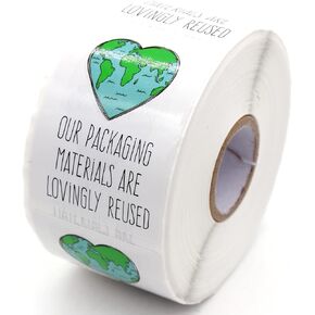 Muminglong 1.5 Inch Our Packing Materials are Lovingly Reused Sticker,,Thank You Sticker,Reused Box,Recycling Label,Love Shaped Earth Sticker,Handmade Sticker,Packaging Sticker,500 PCS