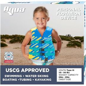 سترة نجاة Aqua US Coast Guard، PFD بتصميم مريح مرن مناسب للرضع/الأطفال/الشباب