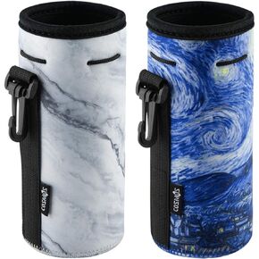 CM Pack of 2 Water Bottle Neoprene Sleeve Portable Insulator Bottle Cover Drawstring Insulator Bottle Holder for 18 to 20 Oz Water Bottle (Marble & Van Gogh Painting Patterns (2 pcs))