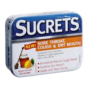 Sucrets Sore Throat & Cough Lozenges, Honey Lemon, 18 Count (6 Pack)