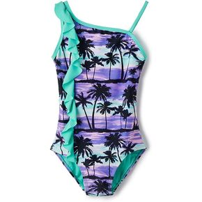 Jimmy Baha·mas Girls Swimsuit Girls Green Ruffled Off-Shoulder Coconut Print Purple Ocean One-Piece Swimsuit for Girls