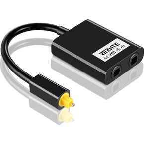 【Upgraded】 ZEXMTE Optical Fiber Splitter 1 in 2 Out Optical Audio Splitter, Fiber Optical Splitter with 24K Gold Plated Connectors for CD Player, DVD Player, Receiver-Black