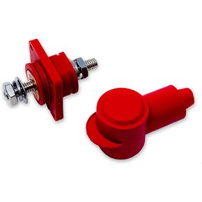 Battery Cable Flanged Bulkhead Connector + Insulator Boot - Heavy Duty Weatherproof 12V Copper Core 3/8 Post, 550 Amp Max Rating – for Marine, Solar, Car Audio - Made in the USA (Red)