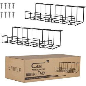 Under Desk Cable Management Tray 2 Packs, 16 inches Under Table Cord Organizer for Wire Management, Metal Wire Cable Mesh Holder for Desks, Offices and Kitchens (Black)