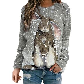 YMING Women's Easter Day Bunny Printed Sweatshirt Funny Rabbit Crew Neck Pullover Casual Long Sleeve Shirt Tops