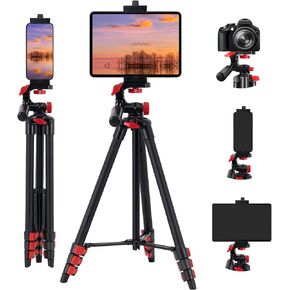 Tablet Tripod 53 inch Tripod for iPad Aluminum Smartphone Tripod for iPhone iPad Pro Camera Mobile Phone Lightweight Travel Selfie Stand Tripod Black
