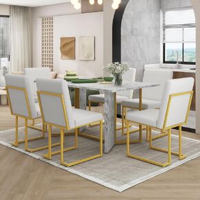 Voohek 60'' Dining Table Set, 7-Piece Kitchen Furniture with 6 Upholstered Linen Chair, Artificial Marble Sticker Tabletop and Golden Steel Legs, for Dinner and Living Room, White+Gold in Kuwait