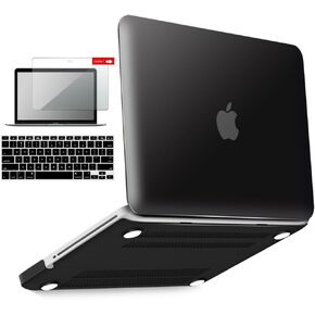 IBENZER Compatible with MacBook Pro 13 Inch case A1278 Release 2012-2008, Plastic Hard Shell Case with Keyboard & Screen Cover for Apple Old Version Mac Pro 13 with CD-ROM, Black, P13BK+2A