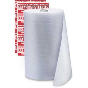 enKo Foam Wrap Roll (1-Roll) 12" Wide x 600" Length (Inch) Foam Wrap Roll Cushioning Moving Supplies Protect Glasses, China, Dishes for Shipping Storing Packing with 20 Fragile Stickers Labels