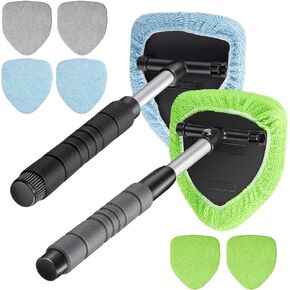 2 Sets Windshield Cleaner Car Window Cleaner Car Window Cleaning Tool Glass Cleaner Wiper with Detachable Handle Microfiber Pads and Spray Bottle Car Cleanser Brush Car Cleaning Set (Blue Green Gray)