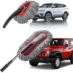 Car Duster, Extendable Long Handle Car Duster Exterior Scratch Free Car Cleaning Tool, Soft Microfiber Car Dust Brush for Truck, SUV, Vehicles and Home Cleaning, Red&Gray