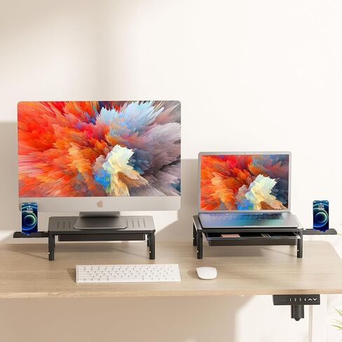 Monitor Stand Riser with Drawer, Height Adjustable Monitor Stand with Phone Holder for Desk, Computer Monitor Riser with Storage, Metal Desk Organizer for Computer, Laptop, Printer in Saudi Arabia