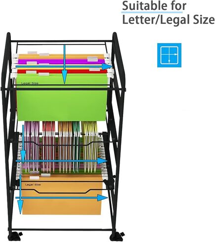 Natwind 3-Tier Metal Rolling File Cart مع عجلات للملفات المعلقة ذات الحجم القانوني للرسائل، رف مجلد الملفات المحمول مع خزانة تنظيم الملفات ذات درج قابل للسحب للمكتب المنزلي (أسود) in Saudi Arabia