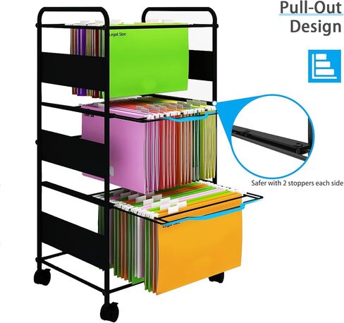 Natwind 3-Tier Metal Rolling File Cart مع عجلات للملفات المعلقة ذات الحجم القانوني للرسائل، رف مجلد الملفات المحمول مع خزانة تنظيم الملفات ذات درج قابل للسحب للمكتب المنزلي (أسود) in Saudi Arabia