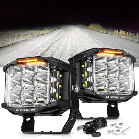 Auxbeam 5 "168W LED Cube Pods ضوء القيادة على الطرق الوعرة مع مطلق النار الجانبي، 16440LM أضواء الطرق الوعرة مربعة فائقة السطوع مع 270 درجة كومبو شعاع خندق الضوء، العنبر DRL لجيب ATV رانجلر فورد شاحنة بيك اب in Kuwait