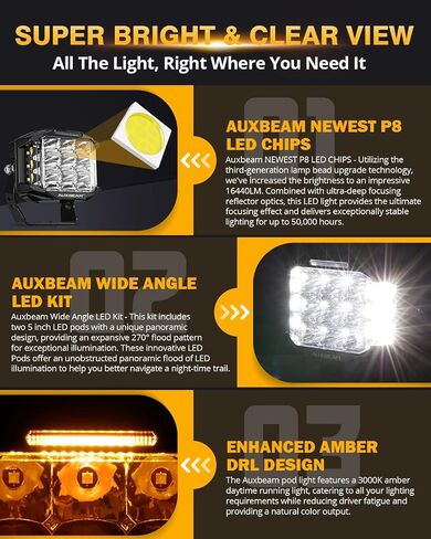 Auxbeam 5 "168W LED Cube Pods ضوء القيادة على الطرق الوعرة مع مطلق النار الجانبي، 16440LM أضواء الطرق الوعرة مربعة فائقة السطوع مع 270 درجة كومبو شعاع خندق الضوء، العنبر DRL لجيب ATV رانجلر فورد شاحنة بيك اب in Kuwait
