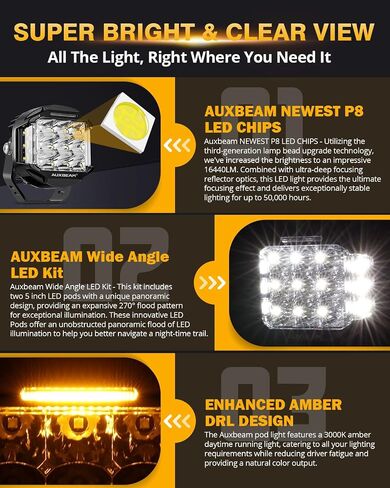 Auxbeam 5 "168W LED Cube Pods ضوء القيادة على الطرق الوعرة مع مطلق النار الجانبي، 16440LM أضواء الطرق الوعرة مربعة فائقة السطوع مع 270 درجة كومبو شعاع خندق الضوء، العنبر DRL لجيب ATV رانجلر فورد شاحنة بيك اب in Kuwait