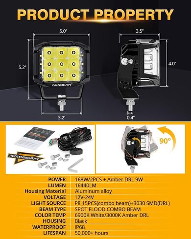 Auxbeam 5 "168W LED Cube Pods ضوء القيادة على الطرق الوعرة مع مطلق النار الجانبي، 16440LM أضواء الطرق الوعرة مربعة فائقة السطوع مع 270 درجة كومبو شعاع خندق الضوء، العنبر DRL لجيب ATV رانجلر فورد شاحنة بيك اب in Kuwait