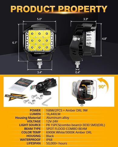 Auxbeam 5 "168W LED Cube Pods ضوء القيادة على الطرق الوعرة مع مطلق النار الجانبي، 16440LM أضواء الطرق الوعرة مربعة فائقة السطوع مع 270 درجة كومبو شعاع خندق الضوء، العنبر DRL لجيب ATV رانجلر فورد شاحنة بيك اب in Kuwait
